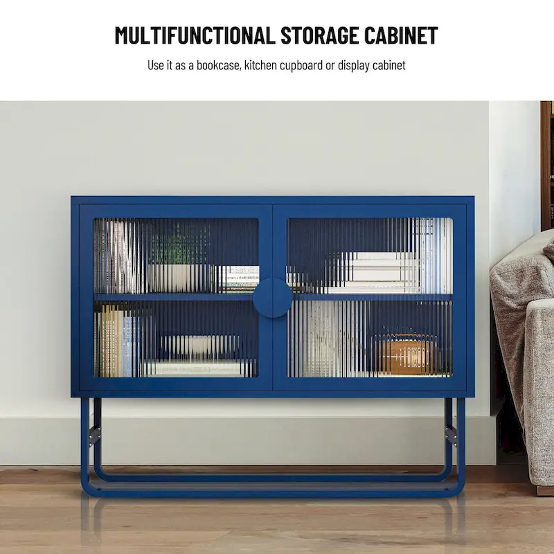 Tempered Glass Cabinet Credenza with 2 Adjustable Shelf U-shaped Leg Anti-Tip Dust-free Enclosed Cupboard for Living Room