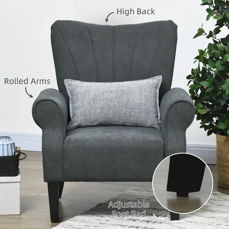 Dark Gray Modern 31.5 High Back Upholstered Arm Chair with Wood Legs