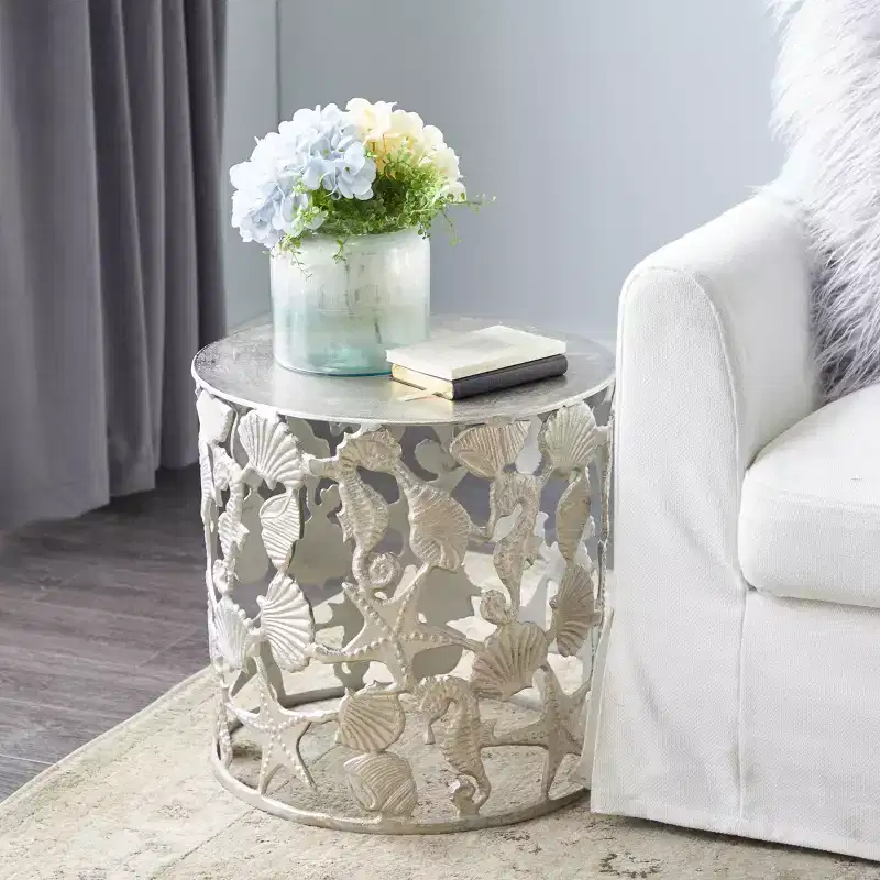 Coastal Aluminum Accent Table Silver - Olivia & May: Seahorse Base, Indoor Use, No Assembly Required