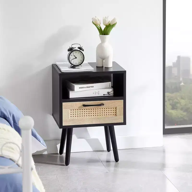 MAYEERTY Rattan End Table with Drawer and Solid Wood Legs, Side Table for Living Room, Bedroom, Black