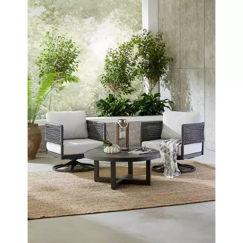 International Concepts 3pc Woven Abaca Rope Outdoor Patio Conversation Furniture Sets with Coffee Table & 2 Swivel Chairs: Aluminum Frame