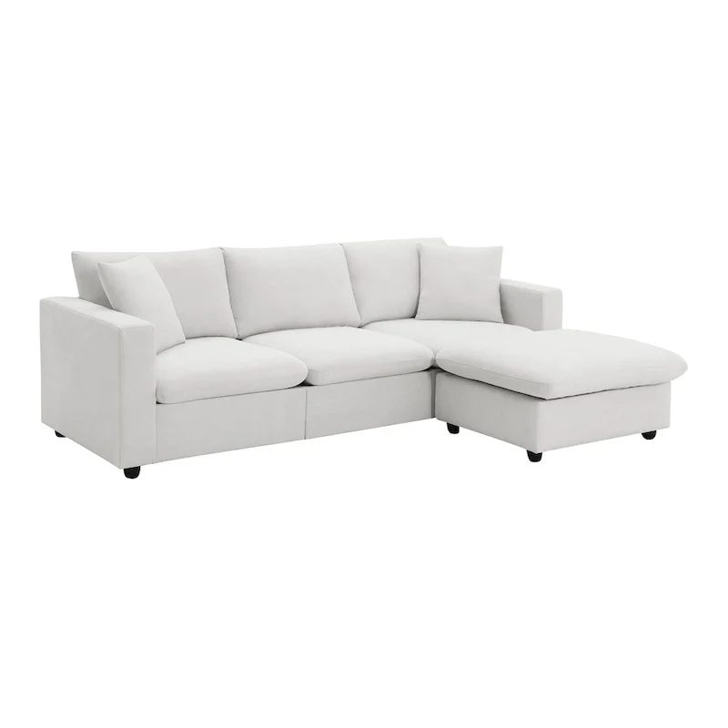 L-shaped Polyester Fabric Couch Set with 2 Free Pillows and Convertible Ottoman