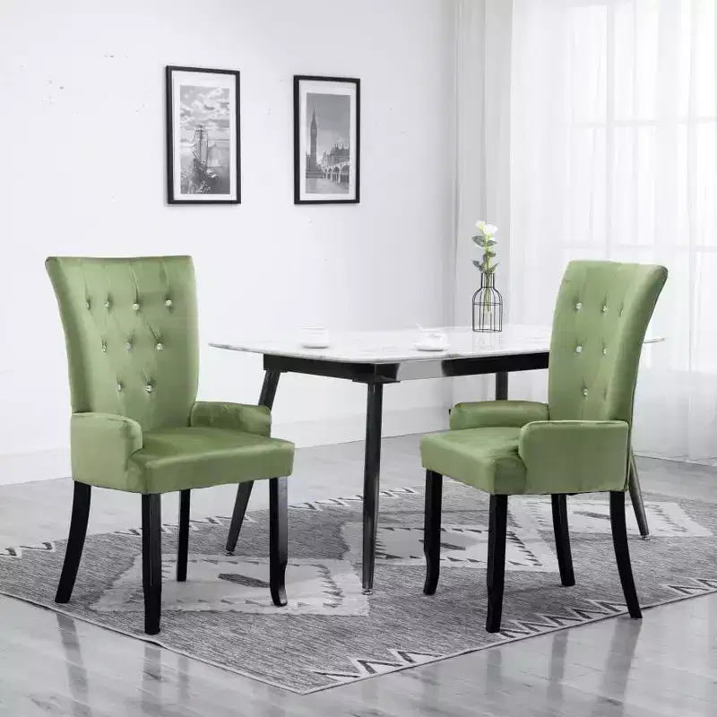Dining Chair Light Green Polyester Velvet, Solid Oak Wood