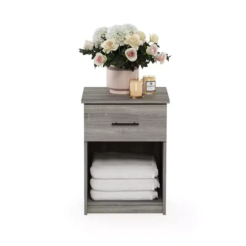 Furinno Mid-Century Nightstand Bedside End Table W/Drawer & Open Storage Cube,Gray