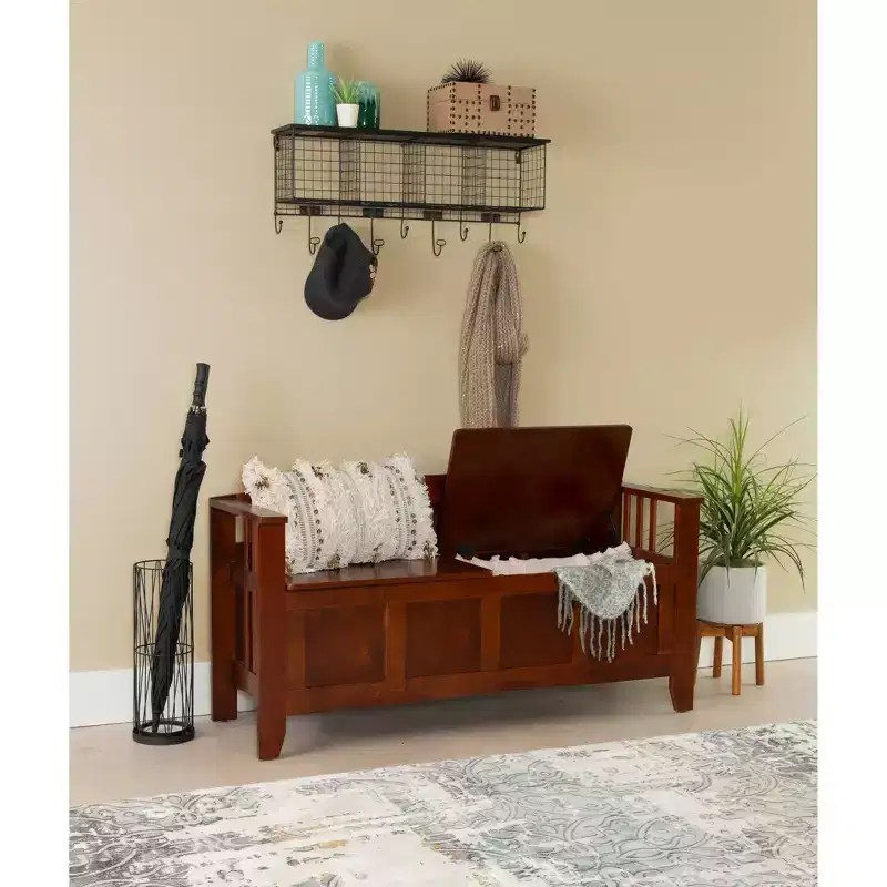 Linon 50" Shayla Finished Split Seat Solid Wood Storage Bench Walnut: Entryway Furniture, Shoe Organizer