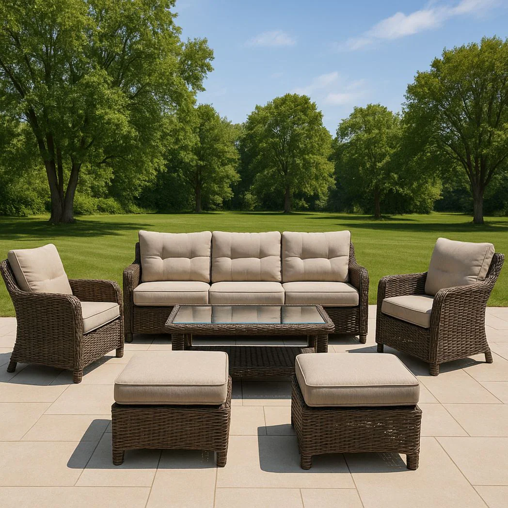 Ensemble de Mobilier de Jardin en R茅sine Tress茅e Brun avec Coussins Beige, Comprenant un Canap茅, Fauteuils, Table Basse et Poufs