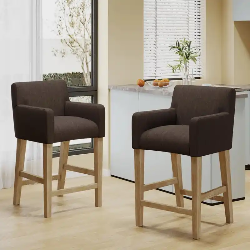 26 Seat Height Counter Stools Set Of 2 With Upholstered Fabric And Solid Wood Legs