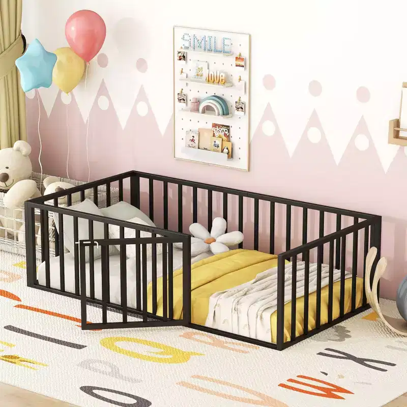 Okak Metal Floor Bed Twin/Full/Queen,Bed Frame with Heightened Fence & Lockable Door, Toddler Bed for Kids Room & Playroom