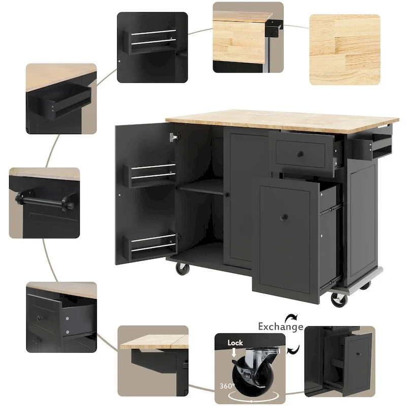 53.9 Kitchen Island Cart with Drop Leaf on Wheels