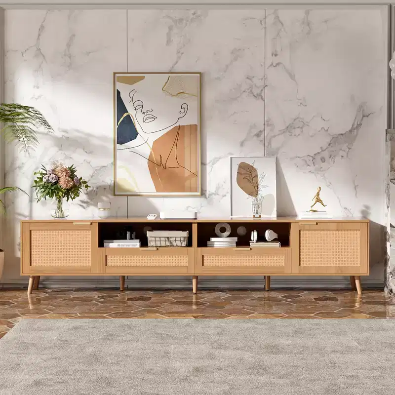 90-Inch TV Rattan Stand, Modern Farmhouse Style with Solid Wood Legs, Living Room Entertainment Center Media Cabinet