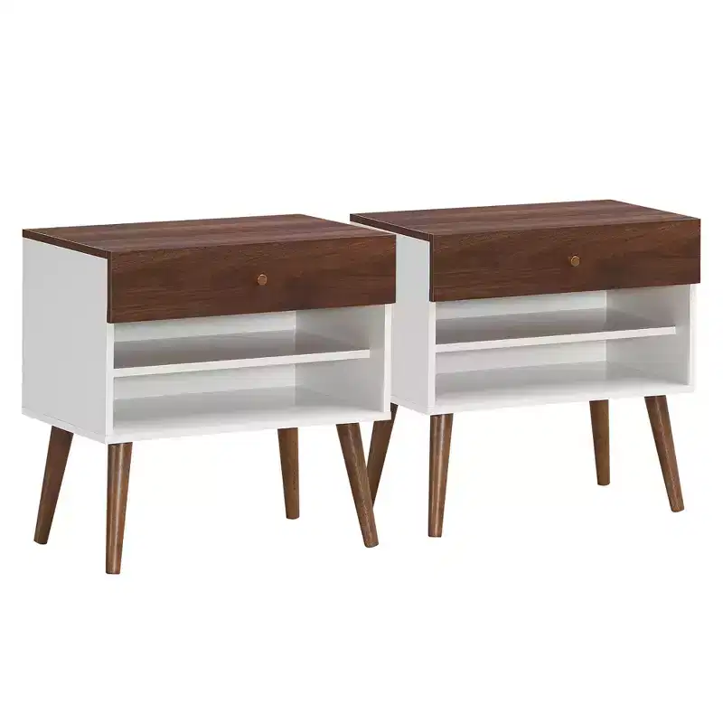 Set of 2 Mid-Century Nightstands, End Side Tables with Drawer and Open Shelves, Rubberwood Legs