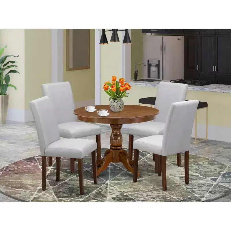 HomeStock 5-Piece Round Antique Walnut Finish Solid Wood Top Dining Table with 4 Upholstered Chairs with Slat Back