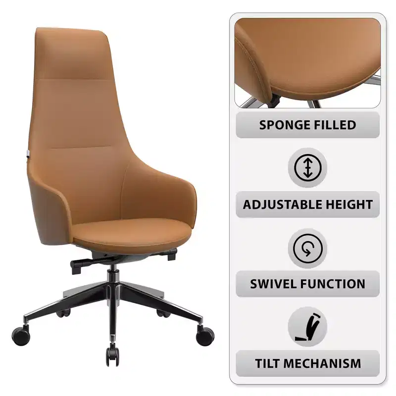 LeisureMod Celeste High-Back Leather Office Chair with Headrest - Modern Iron Frame Swivel & Tilt Executive Desk Chair