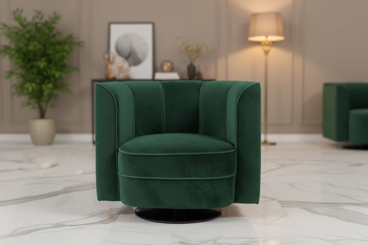 Green Curved Back Velvet Swivel Accent Chair with Steel Base