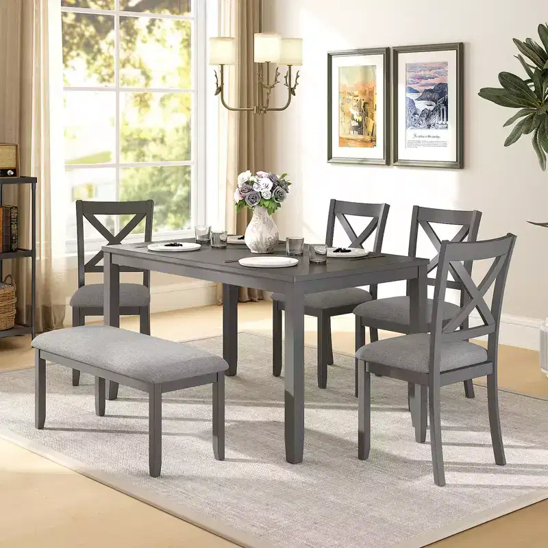 Zevemomo 6-Piece Wooden Dining Table Set,Including 1 Dining Table, 4 Upholstered Chairs and Wooden Legs Dining Table,1 Bench,for Dining Room, Grey