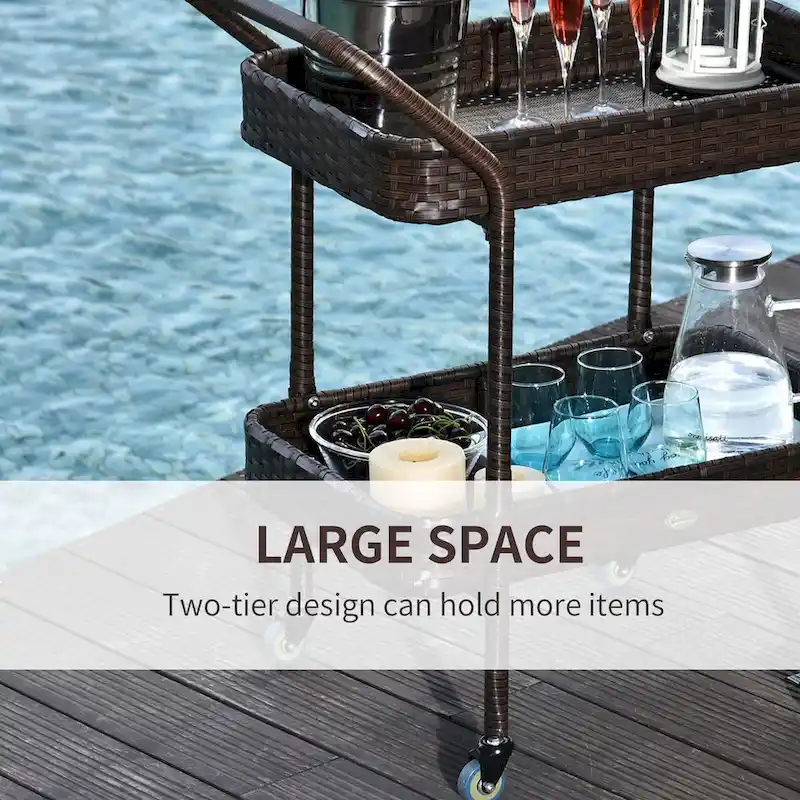 Rattan Wicker Serving Cart with 2-Tier Open Shelf, Brakes