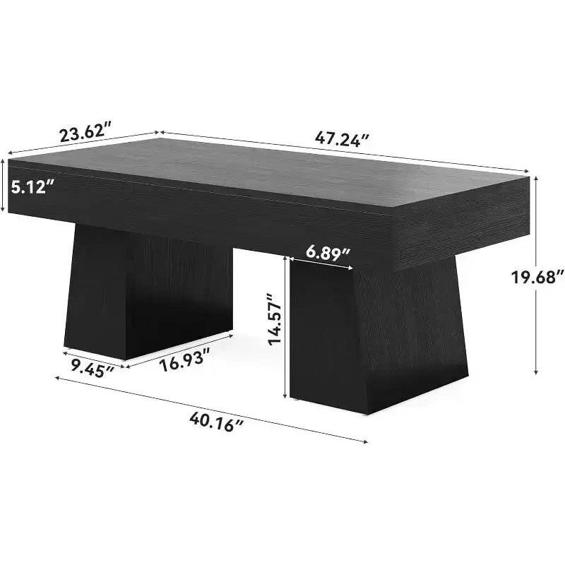 Farmhouse Coffee Table, 47 Inches Rectangular Wooden Accent Center Tables with Thick Basefor Living Room
