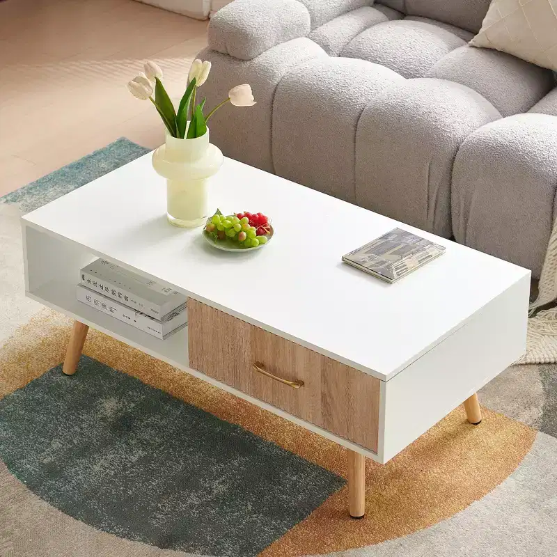 MAYEERTY Coffee Table Rectangle with Sliding Drawer for Storage White