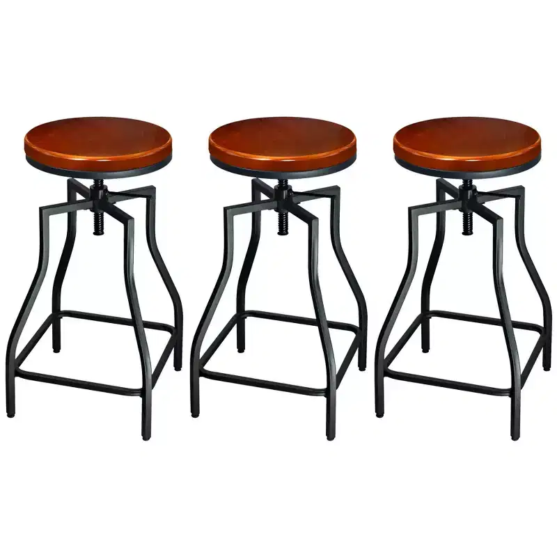 eHemco Industrial Adjustable Swivel Metal Kitchen Counter stool with Wood Veneer Seat, Rustic Brown and Black, Set of 3
