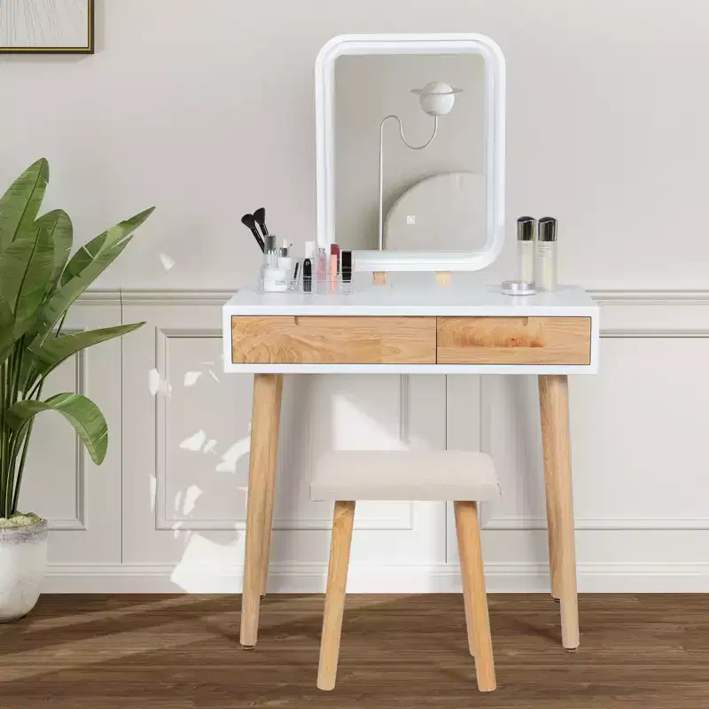 ELECWISH 31.5 Wood Vanity Desk Set with LED Mirror & Stool - 3-Way Lighting, 2 Drawers, Soft-Padded Seat