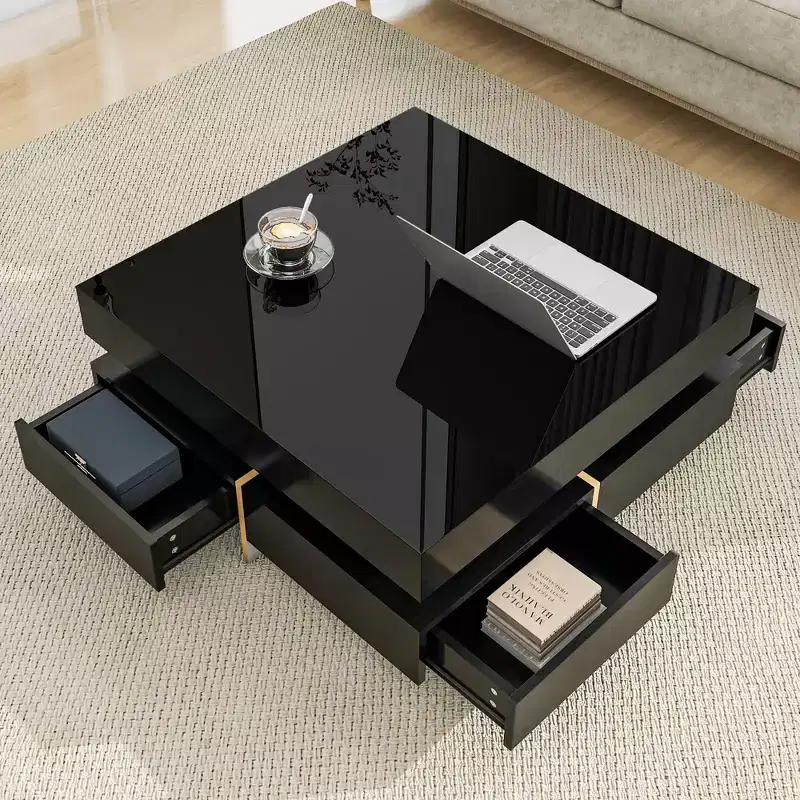 Modern High Gloss Coffee Table – 4 Drawers, Square 31.5