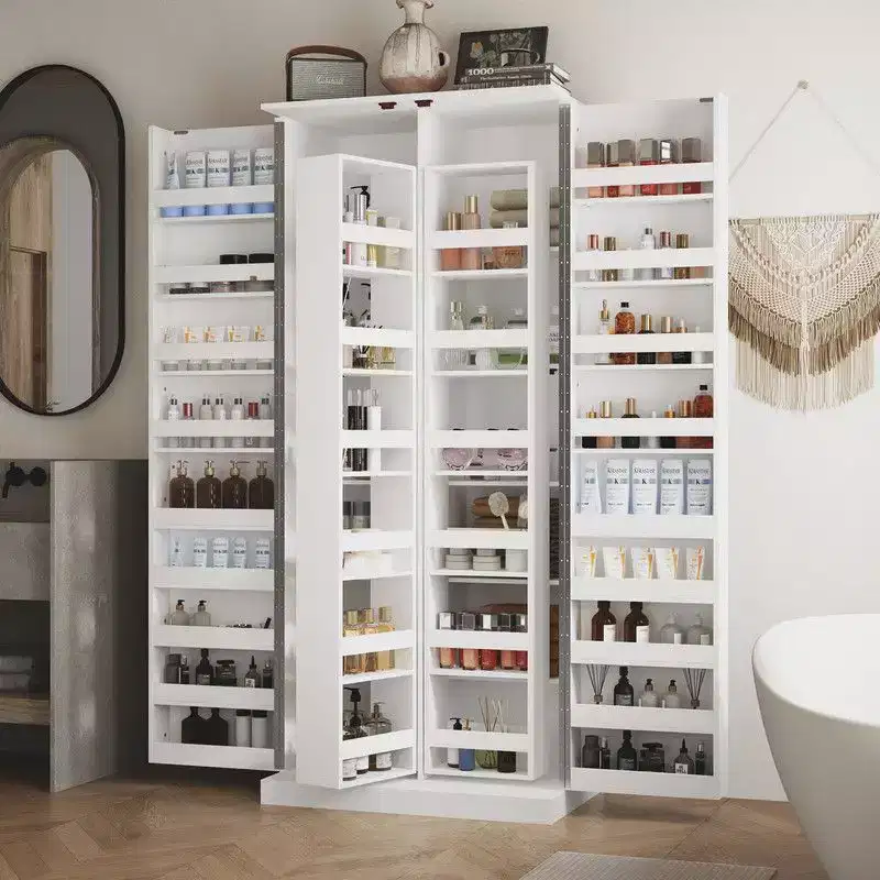 Modern Minimalist Double-Door Vanity Cabinet with Rotating Storage,Makeup Vanity Organizer for Bathroom & Dressing Room