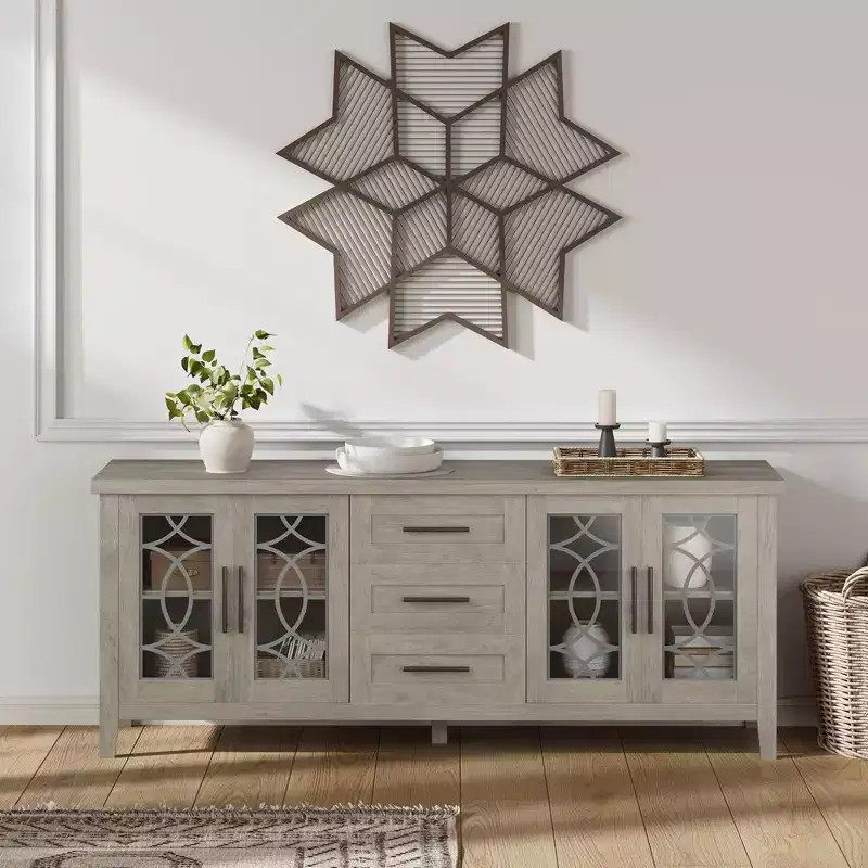 Farmhouse TV Stand for TVs up to 70 Inch, with Glass Doors, 2 Storage Cabinets and 3 Drawers, Console Table with Shelves for Bedroom and Living Room