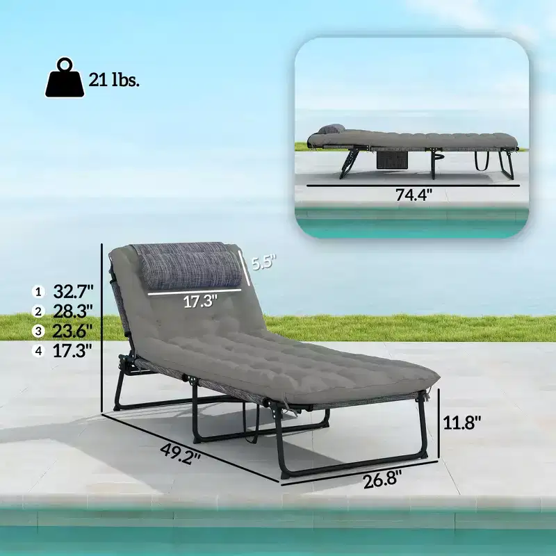 Folding Chaise Lounge Pool Chair with 4-level Reclining Back, Cushion, Side Pocket, Headrest