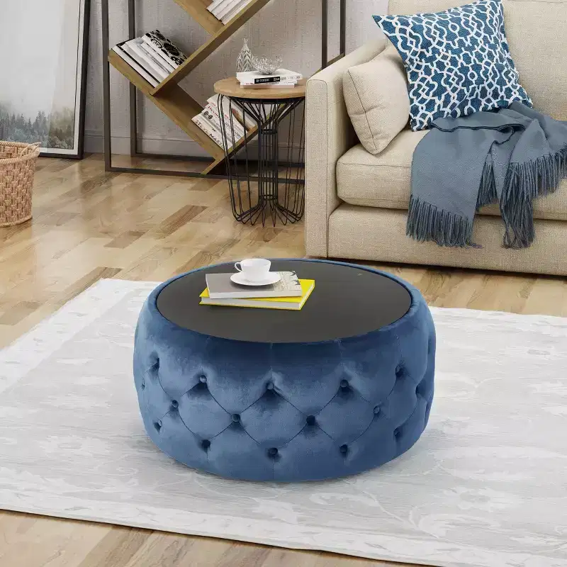 Chana Glam Coffee Table Ottoman Blue - Christopher Knight Home: Velvet, Tempered Glass, Luxury Living Room Furniture