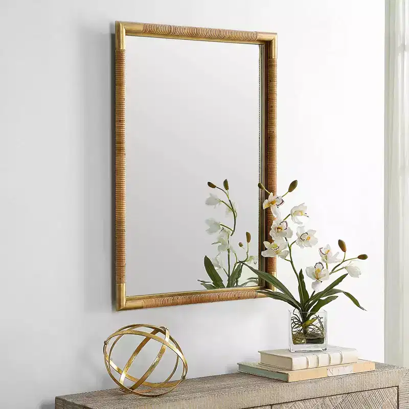 Uttermost Kampar Antiqued Gold and Rattan 22 x 32 Vanity Wall Mirror