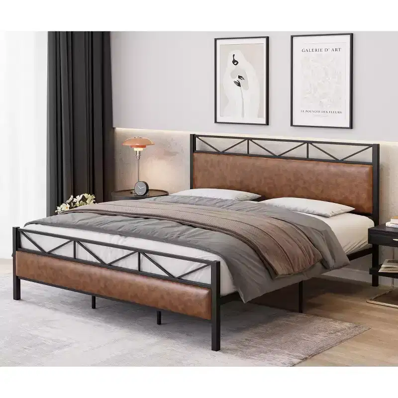 Industrial Platform King Bed Frame with Upholstered Headboard, 14 Metal Slats, 11'' Under-Bed Storage, Brown