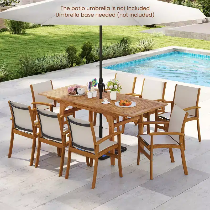 Gymax 9PCS Acacia Wood Outdoor Dining Set w/ 1.97 Umbrella Hole for Backyard Garden Natural & Gray