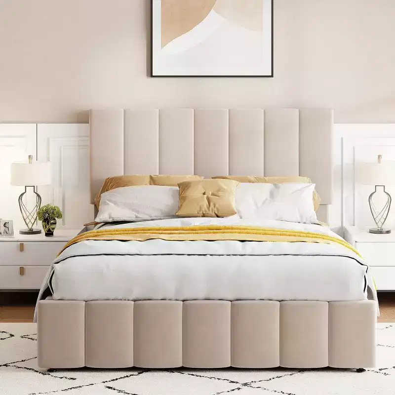 Okak Full/Queen Platform Bed Frame with Upholstered Big Headboard with a Hydraulic Storage System Strong Slats No Box Spring Needed Easy Assembly