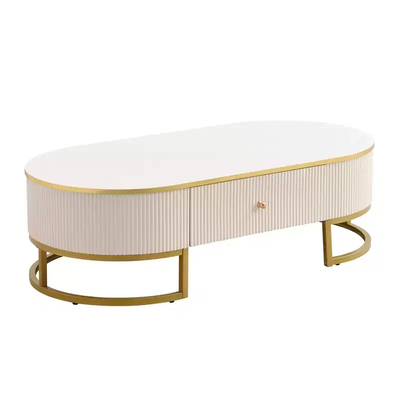 47W Modern Coffee Table Cocktail Table Center Table Accent Table with Drawers, Curved Profile Design, Gold Metal Leg, Oval, White+Gold-ModernLuxe
