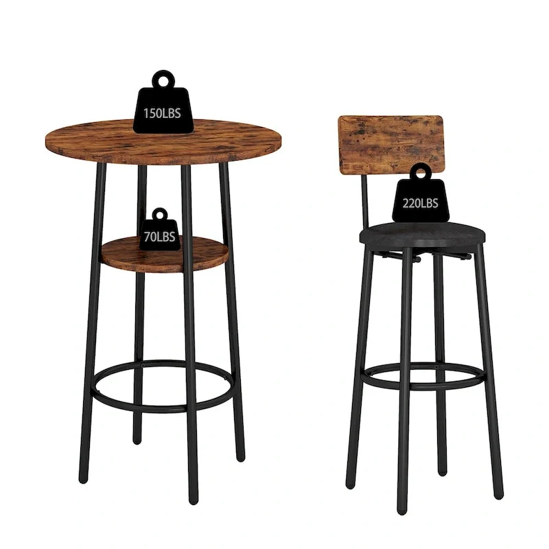 Grondin Industrial Style 3-Piece Round Bistro Pub Table Set with 2 PU Leather Bar Stools and Shelf, Counter Height Bar Table Set