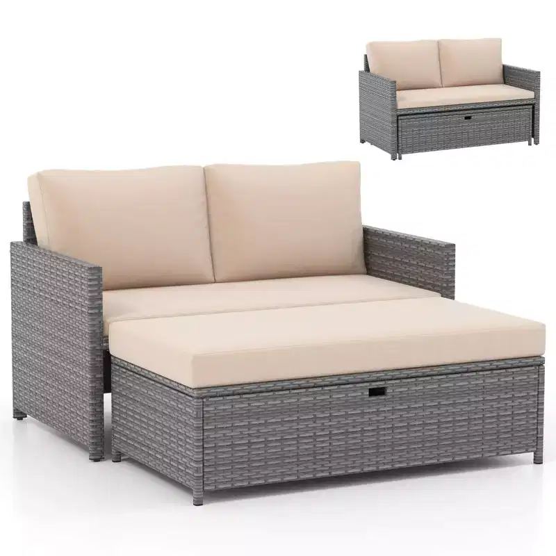 Costway 2 PCS Patio Loveseat with 31 Gal Multifunctional Storage Ottoman and Soft Cushions
