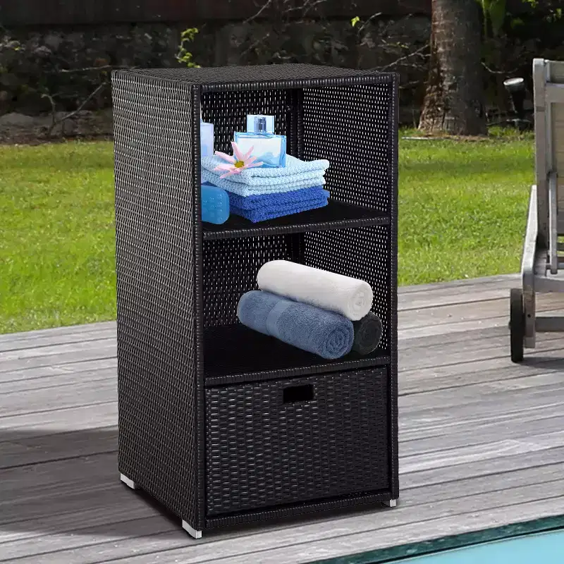 Poolside Towel Cabinet, Rattan Wicker with Storage,2-Tier Shelves and Bottom Drawer, for Pool, Patio Backyard, 47, Dark Brown