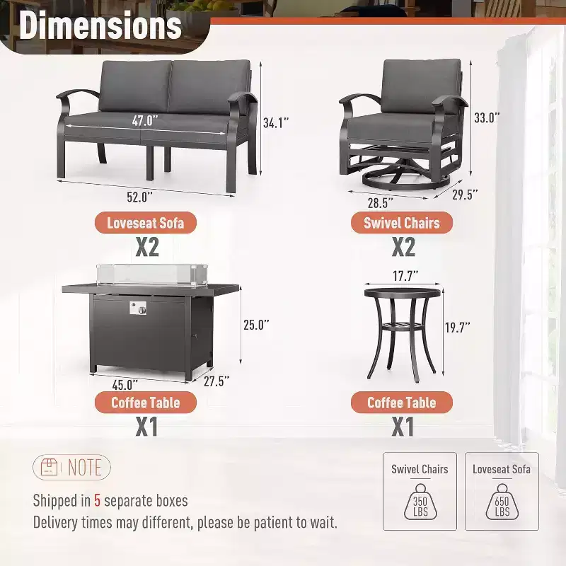 ALAULM Aluminum Patio Furniture Set 6-Seat Modern Metal Outdoor Conversation Sets w/45in Propane Fire Pit Table, Swivel Rocking Chairs