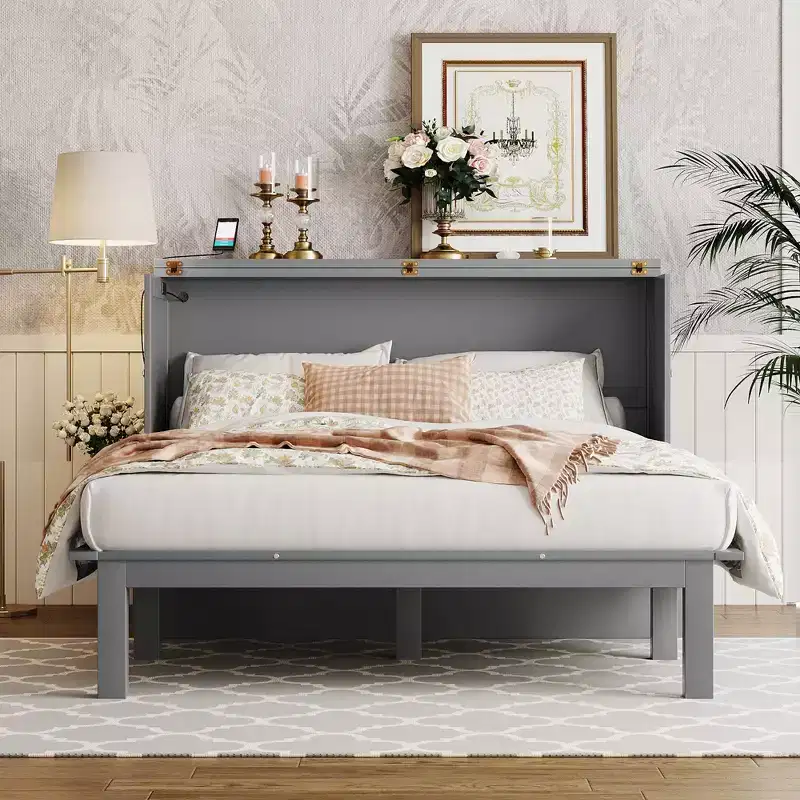 Full/Queen Size Murphy Bed with USB Port and Removable Shelves on Each Side, White/Gray, 4A -ModernLuxe