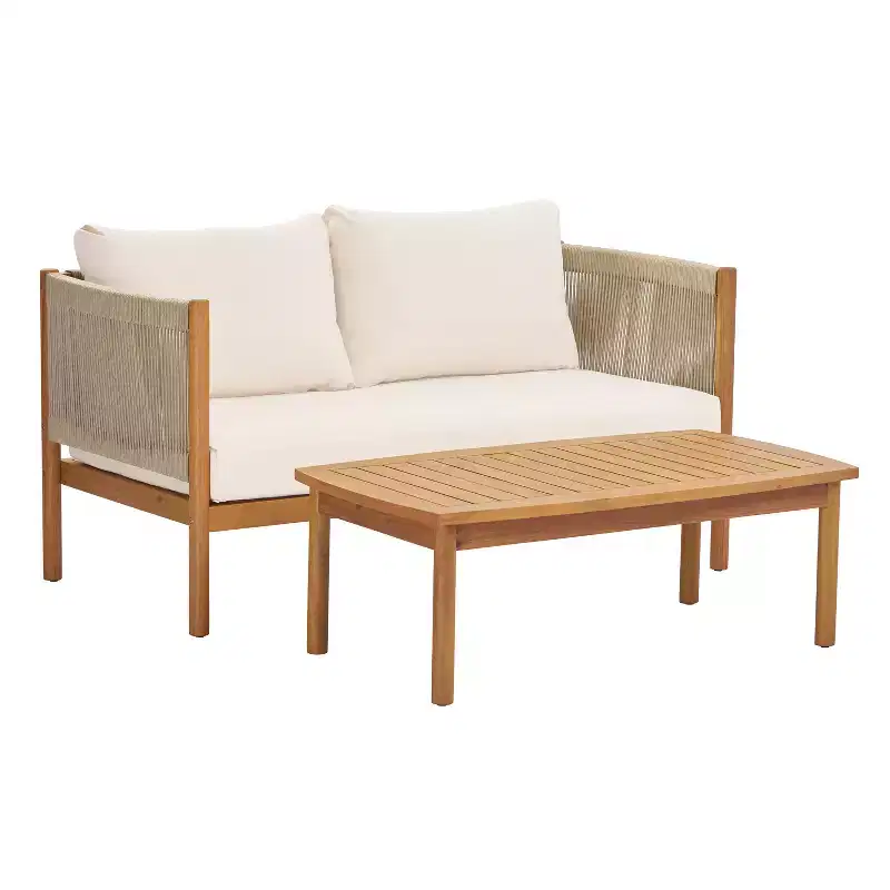 Christopher Knight Home Bradley Patio Modern Acacia Wood 2-Piece Loveseat and Coffee Table Set with Woven Rope Panels and Cushions