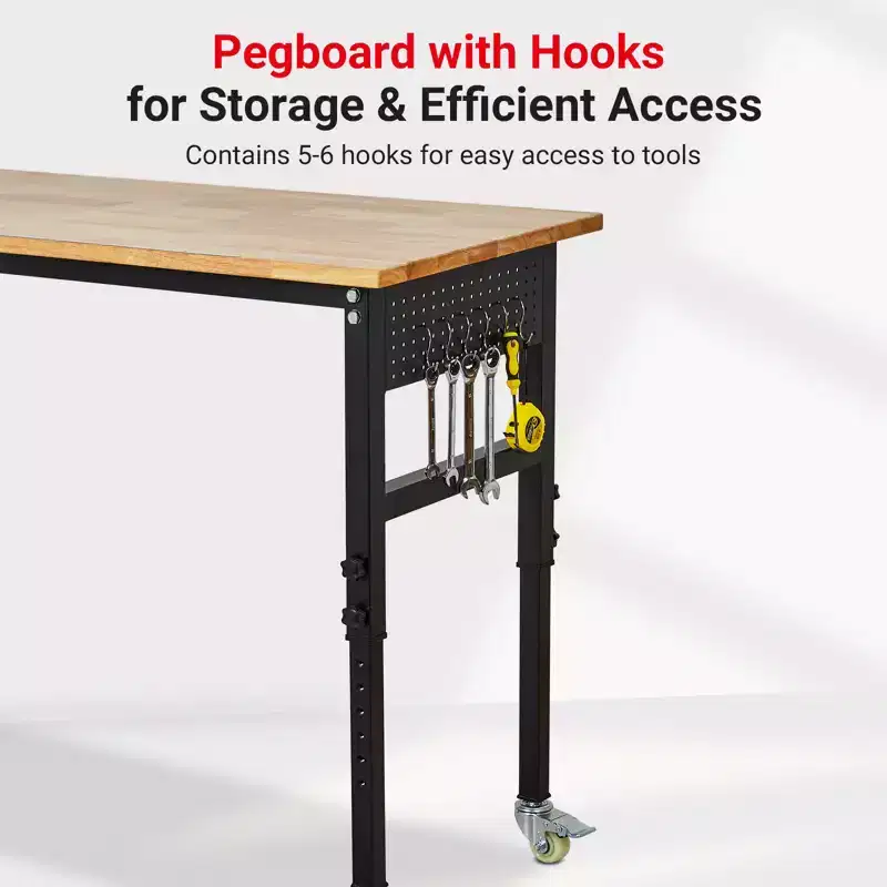 COZONY Heavy-Duty Automotive Tool Cart, Steel Workbench w/ Rubber Wood Top, Wheels & Pegboard