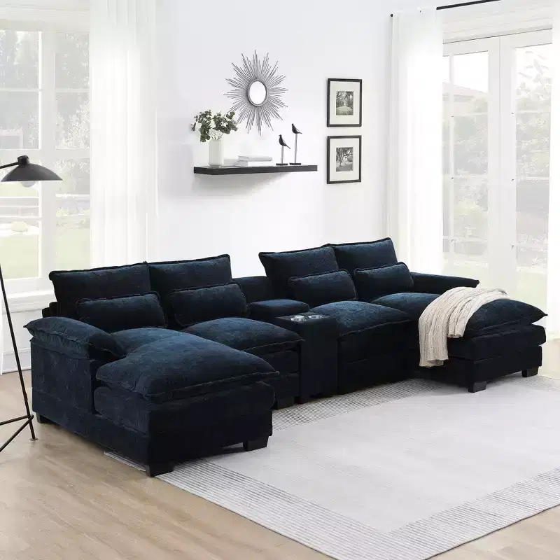 Whisen Modern Design Chenille U-shaped Sectional Sofa with Cup Holders and USB Charger