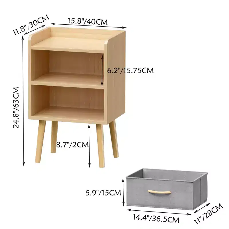 Modern Nightstand With Collapsible Fabric Drawer,Storage End Table with Open Shelf,Wood Side Table for Kids,Adults,Bedroom,Living Room,Oak