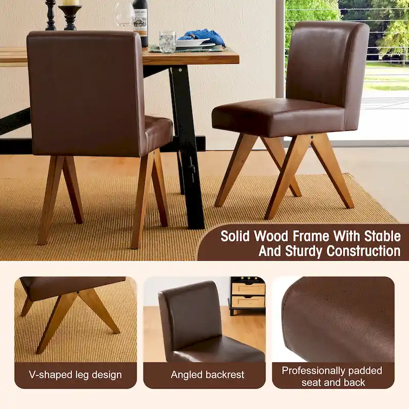 Faux Leather Upholstered Dining Chairs with V-Shaped Wood Legs