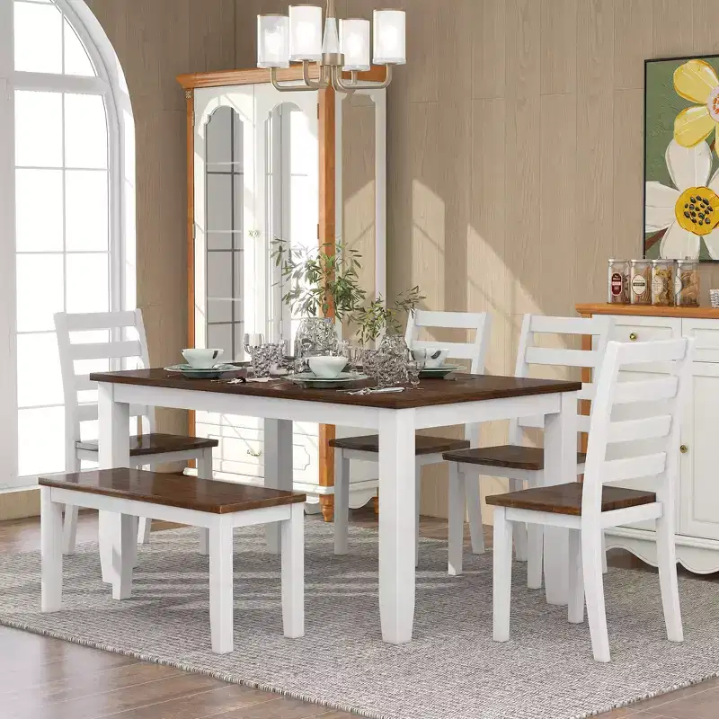 6 PCS Rustic Wood Dining Table Set, Rectangular Table with 4 Chairs & Bench-ModernLuxe