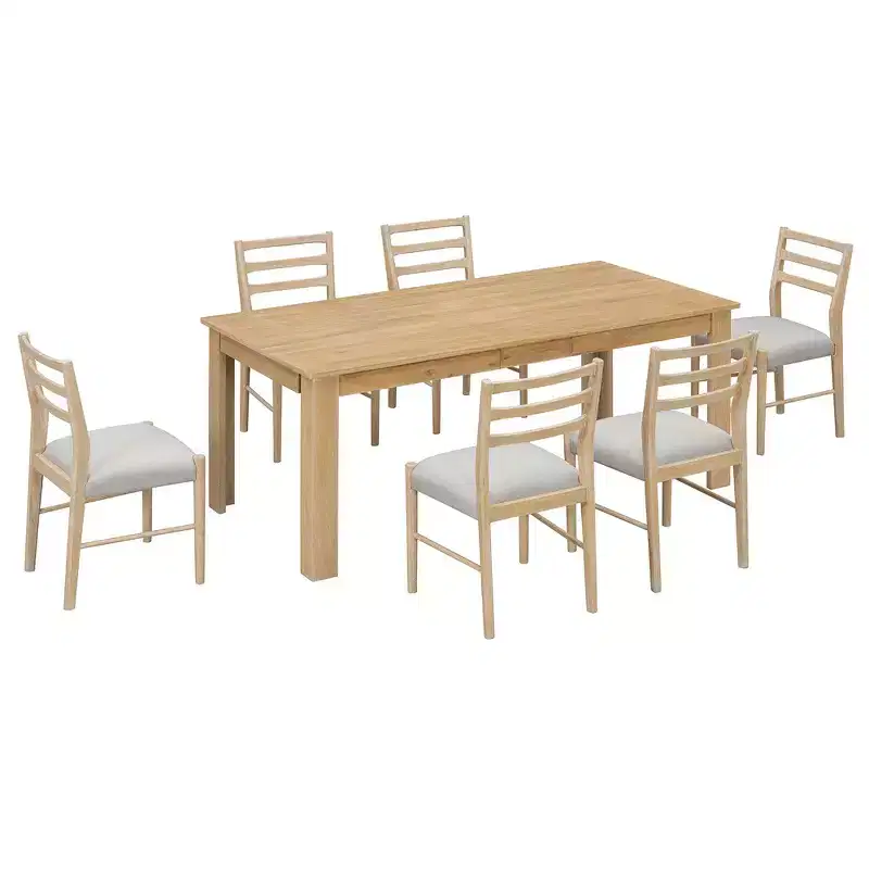 Whisen 7-Piece Wooden Dining Table Set Mutifunctional Extendable Table,12 Leaf and 2 Drawers, 6 Dining Chairs
