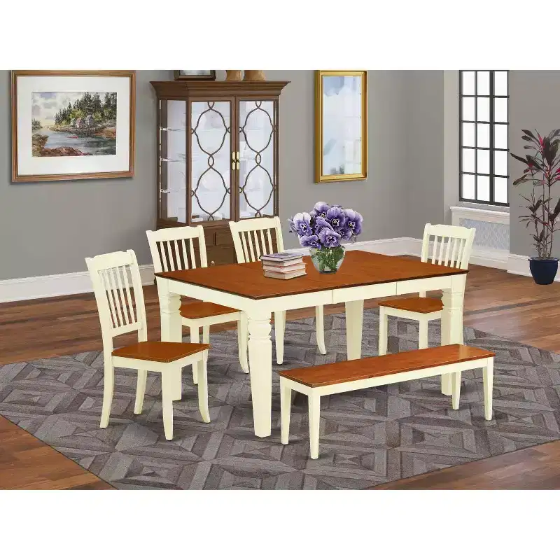 Beachy Boho Dining Set - 6Pc Rectangular Table & 4 Chairs Plus Bench - 42/60 Inch