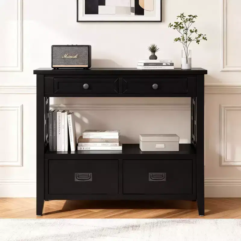 36'' Farmhouse Wood Console Table with 4 Drawers and 1 Storage Shelf for Entryway and Living Room , Black