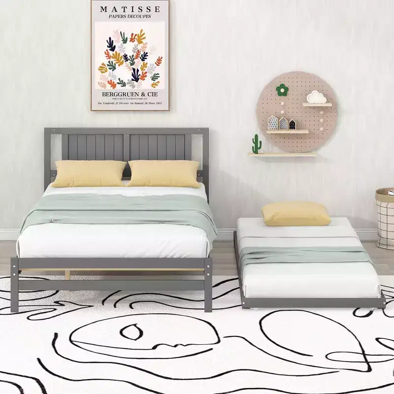 Full Size Platform Bed with Twin Size Adjustable Trundle, Wooden Full Bed Frame with Headboard for Bedromm