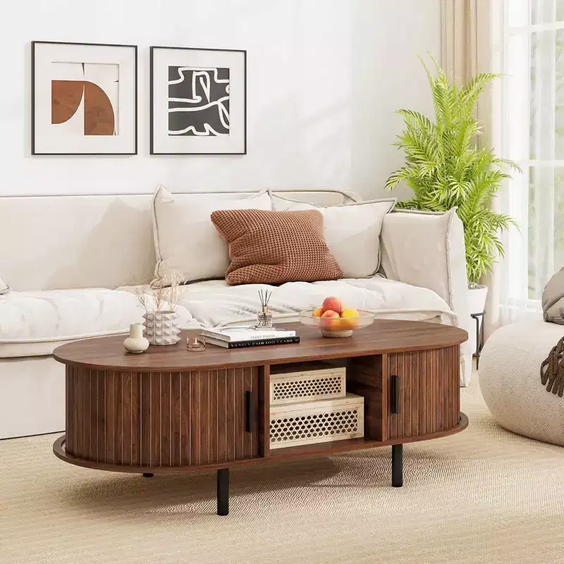 Costway 48 Mid Century Center Table with Sliding Fluted Doors & Open Compartment